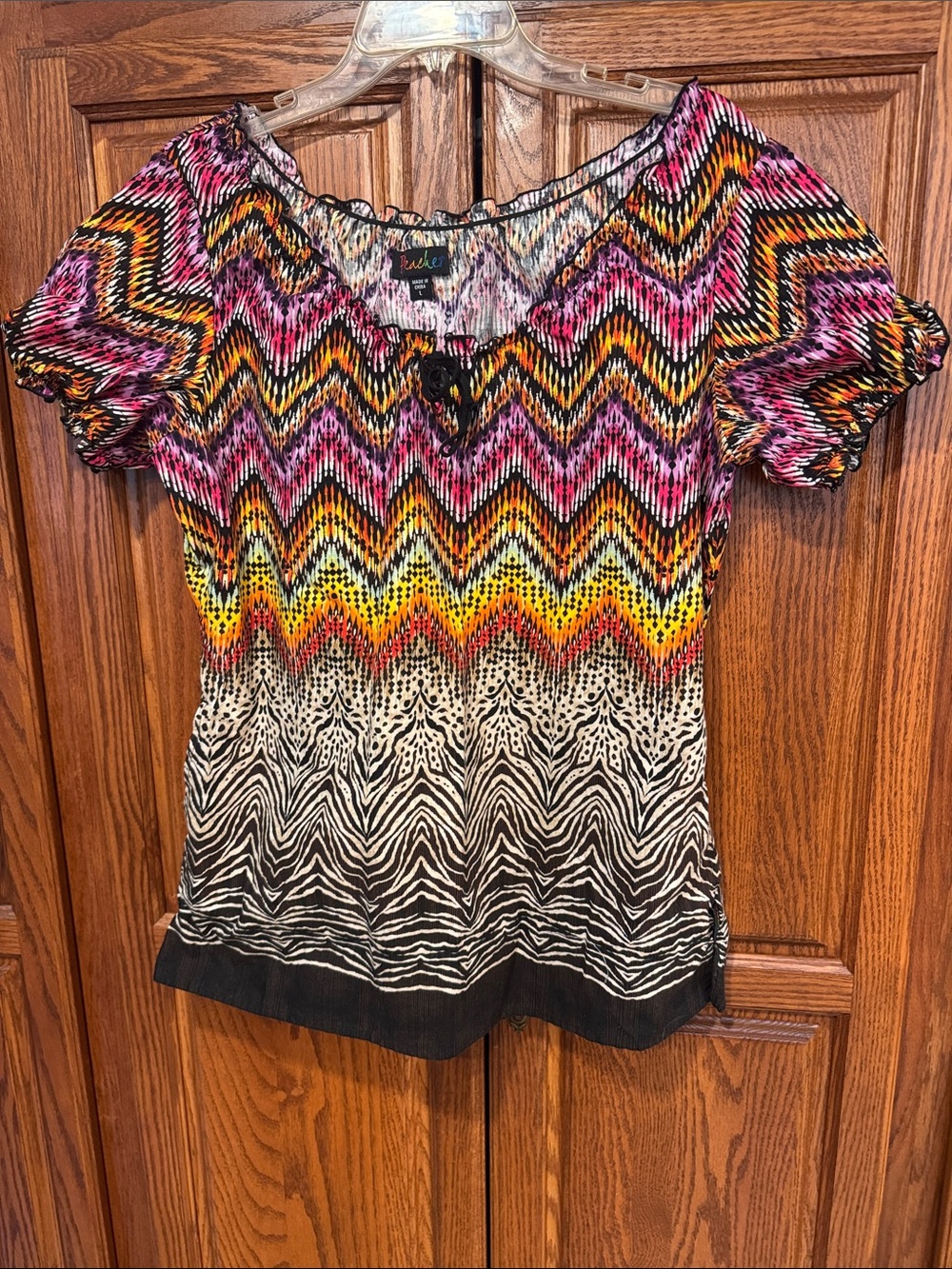 Peaches Uniforms Multicolor Zigzag & Zebra-Print Short Sleeve Blouse